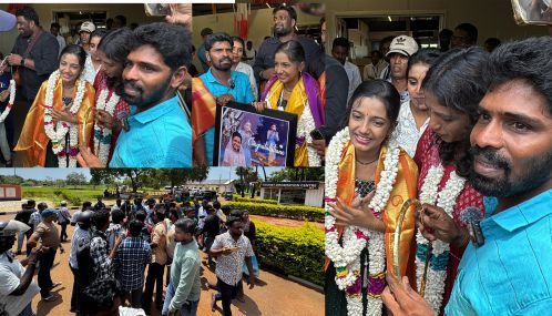 தமிழ்நாட்டிலிருந்து தாய்நாடு திரும்பிய யாழ்ப்பாணக் குயில் பிரியங்காவை வரவேற்க  பலாலி விமான நிலையத்தில் திரண்ட மக்கள்!