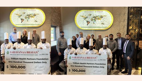 Mississauga Trillium Hospital receives a largest donation of 100,000 dollars from Saravanaa Bavan Vegetarian Restaurants Group