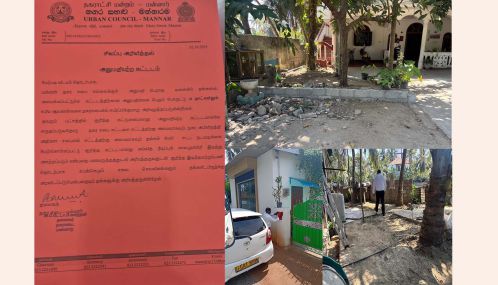 மன்னாரில் உரிய அனுமதியின்றி இயங்கி வந்த தனியார் தங்கும் விடுதிக்கு  நகர சபை  வழங்கியுள்ள  சிவப்பு அறிவித்தல்.