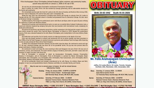 Obituary Notice | Felix Arulnayagam Christopher