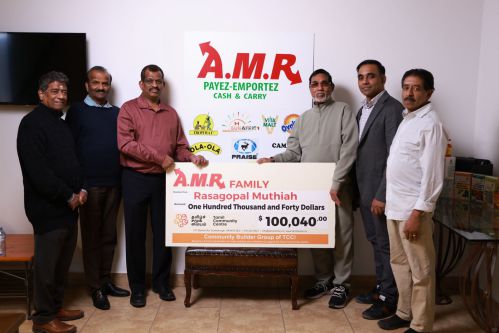மொன்றியால் தொழிலதிபர் AMR முத்தையா ராஜ்கோபால் 'ஸ்காபுறோ தமிழ்ச் சமூக மையம்' நிதியத்திற்கு  வழங்கிய  100,040.00 டாலர் காசோலையை  சாந்தா பஞ்சலிங்கம் அவர்கள் நேரடியாகப்  பெற்றுக்கொண்டார்