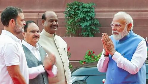 நாடாளுமன்ற வளாகத்தில் கலந்துரையாடிய பிரதமர் மோடி-ராகுல்காந்தி