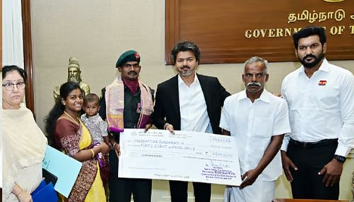 “கீர்த்தி சக்ரா” விருது பெற்ற தமிழக ராணுவ வீரர் குடும்பத்தினருக்கு முதல்-அமைச்சர் விஜய் பாராட்டு தெரிவித்தார்